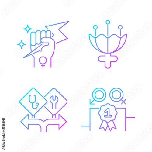 Women empowerment gradient linear vector icons set. Female authority. Femininity attribute. Career option for girls. Thin line contour symbols bundle. Isolated outline illustrations collection