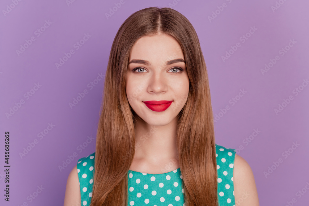 Photo of charming gorgeous lady bright red lipstick make up concept on purple background