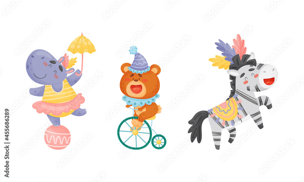 Naklejka premium Circus Bear and Hippo Animal Cycling and Balancing on Ball Performing Trick Vector Set