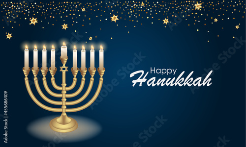 Happy Hanukkah with symbols and golden style on colored background for Hanukkah day and Jewish holiday Hanukkah. Chanukah candlestick and star of David.