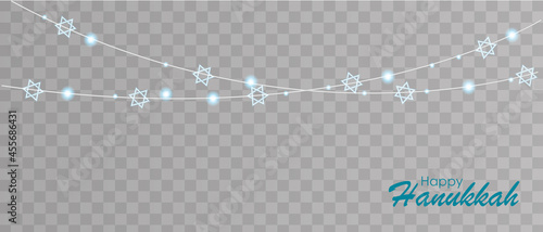 Happy Hanukkah with symbols and golden style on colored background for Hanukkah day and Jewish holiday Hanukkah. Chanukah candlestick and star of David.