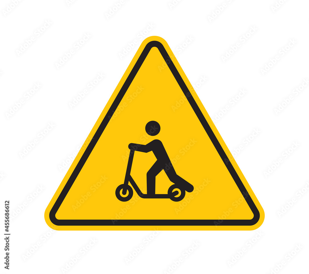 Vector yellow triangle sign - black silhouette scooter rider. Isolated on white background. Vector yellow triangle sign - black silhouette scooter rider. Isolated on white background.