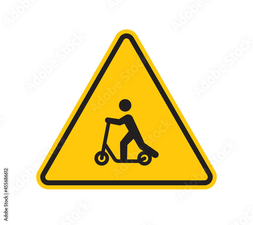 Vector yellow triangle sign - black silhouette scooter rider. Isolated on white background.