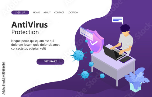 Illustration of antivirus protection, a programmer working in front of his laptop, many viruses attack, and he has anticipated it. isometric vector illustration design concept.