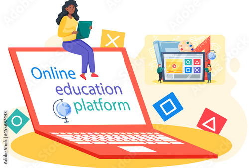 Online education concept. E-learning, home schooling. Woman student working on laptop, learns remotely independently. Web courses or tutorials. Education platform modern digital technologies