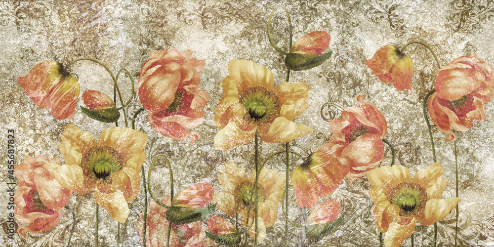 Poppies with monograms on a textured background, art drawn poppies, wall murals in room or home interior