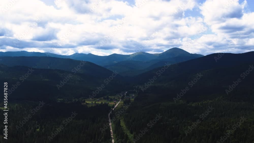 The Mount Hoverla from the road. Carpathian Mountains in Ukraine aerial view The Mount Hoverla from the road. Carpathian Mountains in Ukraine aerial view