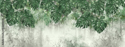 topical leaves hanging from the top large leaves art drawing on a texture background photo wallpaper in the room