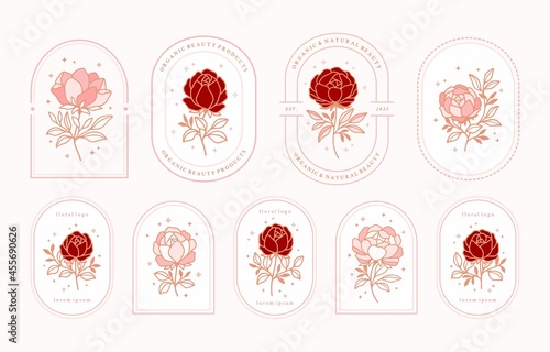 Vector feminine logo design templates in trendy linear minimal style. Peony, rose flowers and botanical leaf branch. Emblem, symbols and icons for cosmetics, jewellery, beauty and handmade products