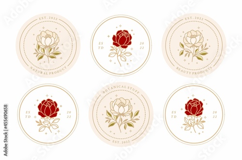 Vector feminine logo design templates in trendy linear minimal style. Peony, rose flowers and botanical leaf branch. Emblem, symbols and icons for cosmetics, jewellery, beauty and handmade products