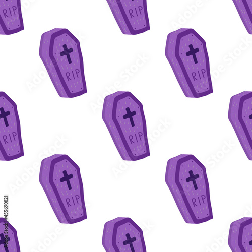 Cute violet coffin vector halloween seamless pattern on a white background