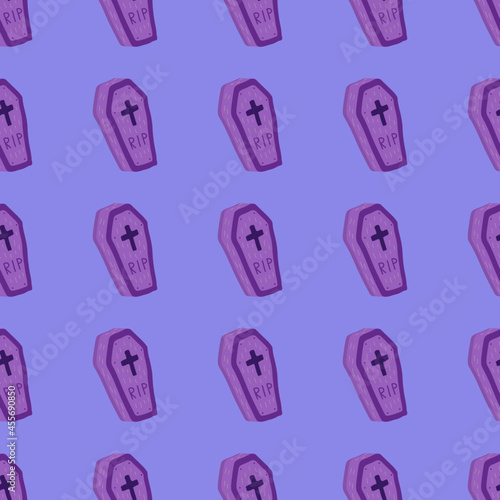 Cute violet coffin vector halloween seamless pattern on a violet background