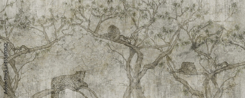 Fototapeta leopardy leżące na drzewach na teksturowym tle