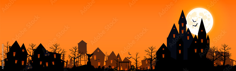 Illustration for the holiday of halloween 2021. Panorama of a sinister village. Halloween panorama with castle, cemetery and abandoned village. Vector illustration.