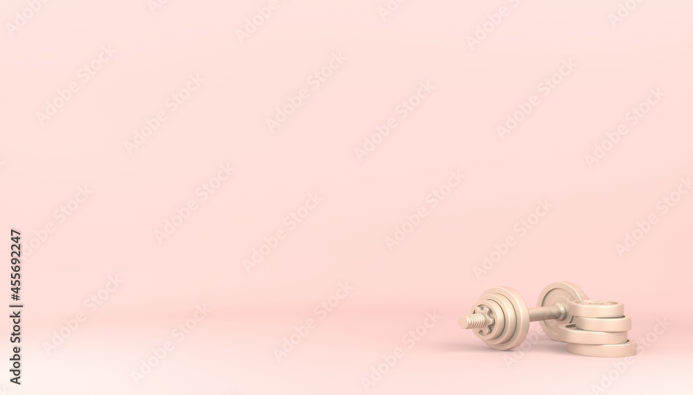 Golden dumbbell on pastel pink background. Female workout concept. 3D rendered illustration.