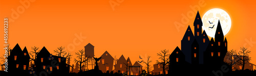 Illustration for the holiday of halloween 2021. Panorama of a sinister village. Halloween panorama with castle, cemetery and abandoned village. Vector illustration.