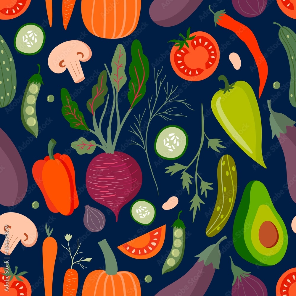 Seamless background pattern of organic vegetables