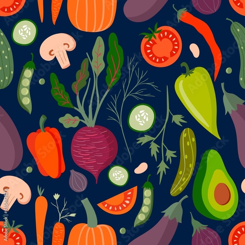 Seamless background pattern of organic vegetables