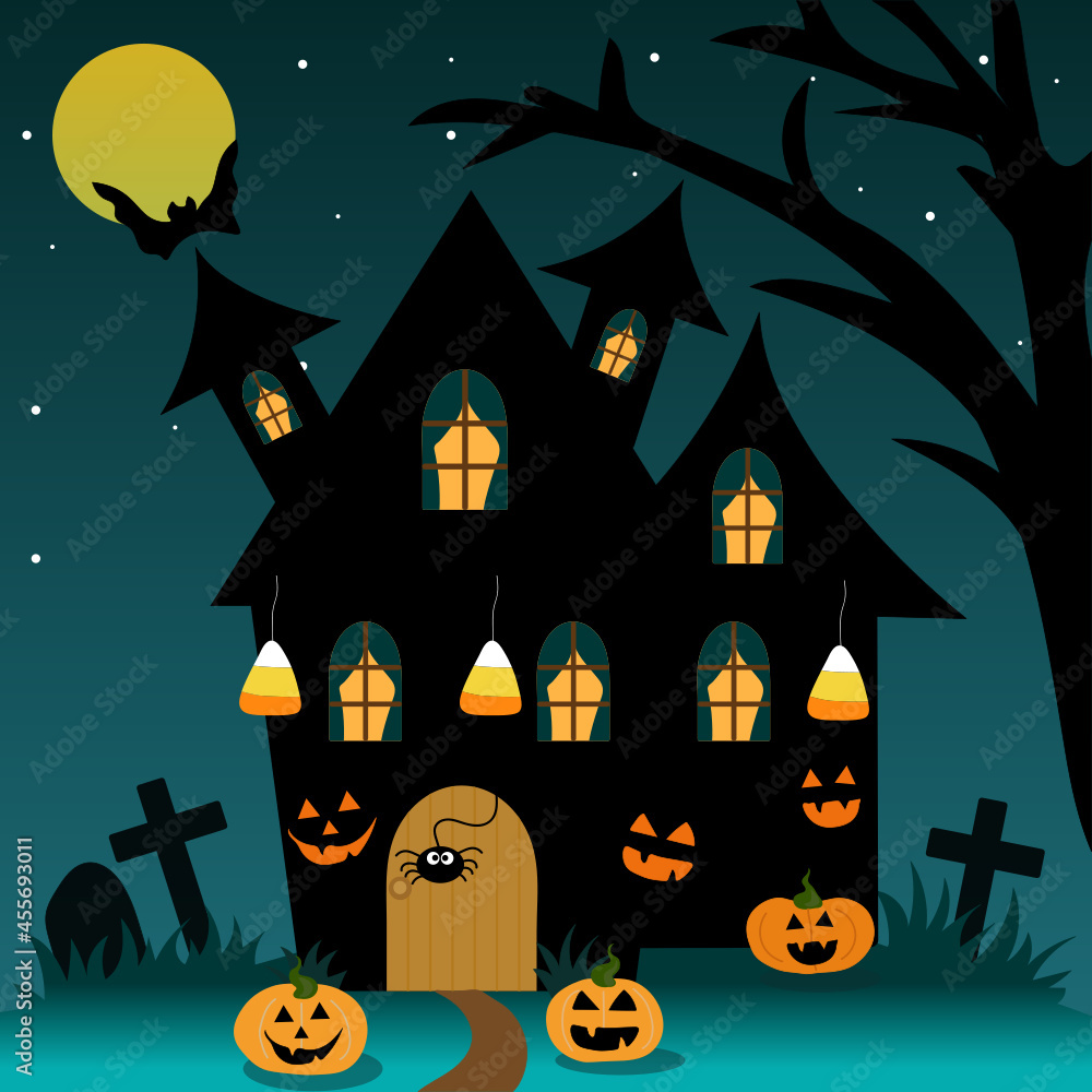 Halloween house with moon, spiders, pumpkin ghosts, bats, candy, tree,  grass and graves in Halloween night.Happy Halloween.