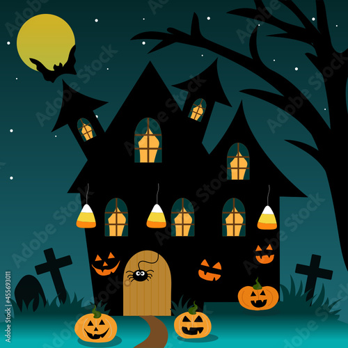 Halloween house with moon, spiders, pumpkin ghosts, bats, candy, tree, grass and graves in Halloween night.Happy Halloween.
