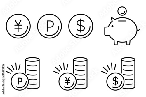 円・ポイント・ドルのコインとブタの貯金箱　資産運用　線画アイコン　coin point dollar icon