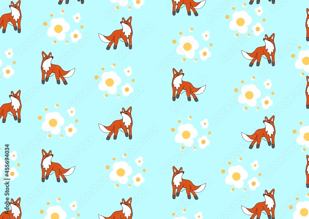 Naklejka premium Pattern of red fox with white flowers. Children's pattern. Red fox cub on a blue background.