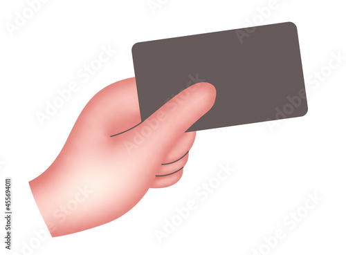 The hand holds a plastic card, isolated on a white background