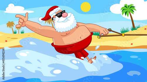 Happy Santa Claus Cartoon Character Surfing And Riding A Wave Vector Hand Drawn Illustration Beach Background
