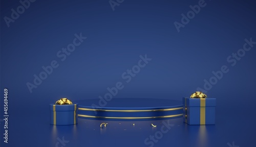 Blue round podium. Scene and 3D platform with gold circle on blue background. Blank Pedestal with gift boxes with golden bow and confetti. Advertising, award design. Realistic vector illustration.