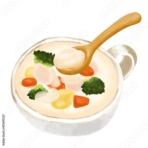 水彩イラスト　クリームシチュー(ホワイトシチュー)と木のスプーン
