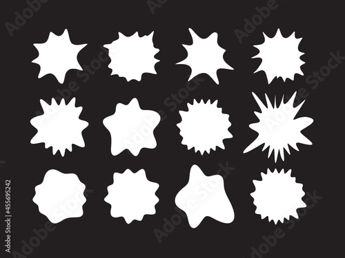 White paint spots, milk blots, blank promo background, sticker shape, comic art graphic explosion, liquid button icon, paintball splash set graphic for game, vector empty labels set