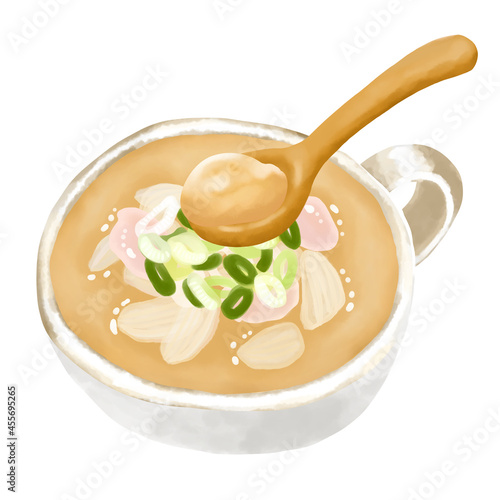 水彩イラスト　鶏白湯スープ(パイタン)と木のスプーン
 photo