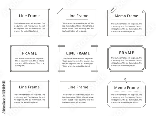 シンプルなフレームのイラストセット。テキスト背景　見出し　メッセージ（線画、モノクロ）