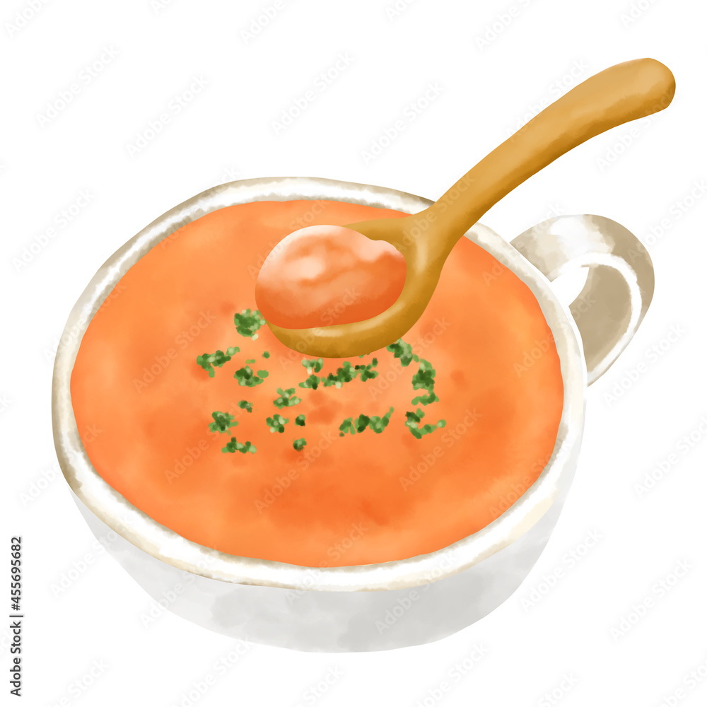 水彩イラスト トマトスープ トマトポタージュ と木のスプーン Stock Illustration Adobe Stock