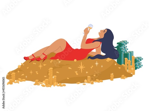 Happy successful woman lying on cash money pile, flat vector illustration. Rich girl with champagne. Financial success.