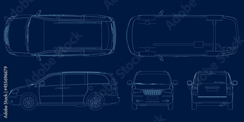 Set with the outline of the car in different positions from blue lines on a dark background. Side, front, back, top, bottom views. Vector illustration
