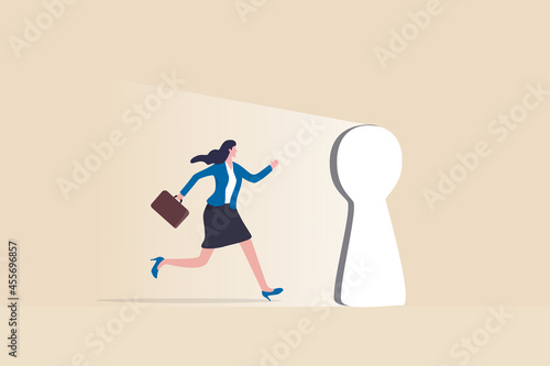 Life changing opportunity, enter career success door or success in work, new challenge or doorway to bright future concept, hopeful motivated businesswoman walking through bright doorway keyhole.