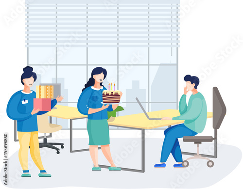 Birthday party in office flat vector illustration. Workers organize holiday, congratulate boss. Interaction, entertainment at workplace. Business team giving gifts balloonns and cake to colleague
