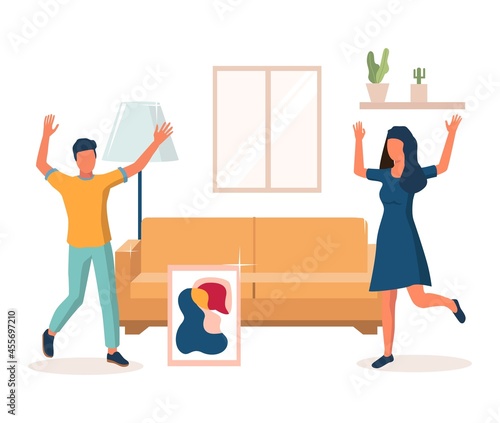 Happy couple celebrating housewarming party together after moving to new home, vector illustration.