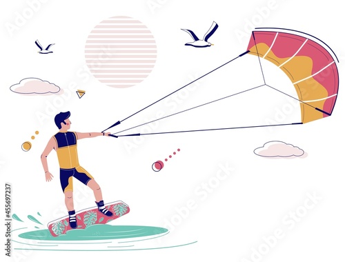 Kiteboarder on kiteboard pulled across water by kite, vector illustration. Kiteboarding, kitesurfing extreme water sport photo
