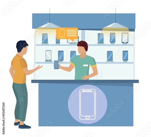Man buying new cell phone. Seller showing smartphone to customer, vector illustration. Phone store interior.