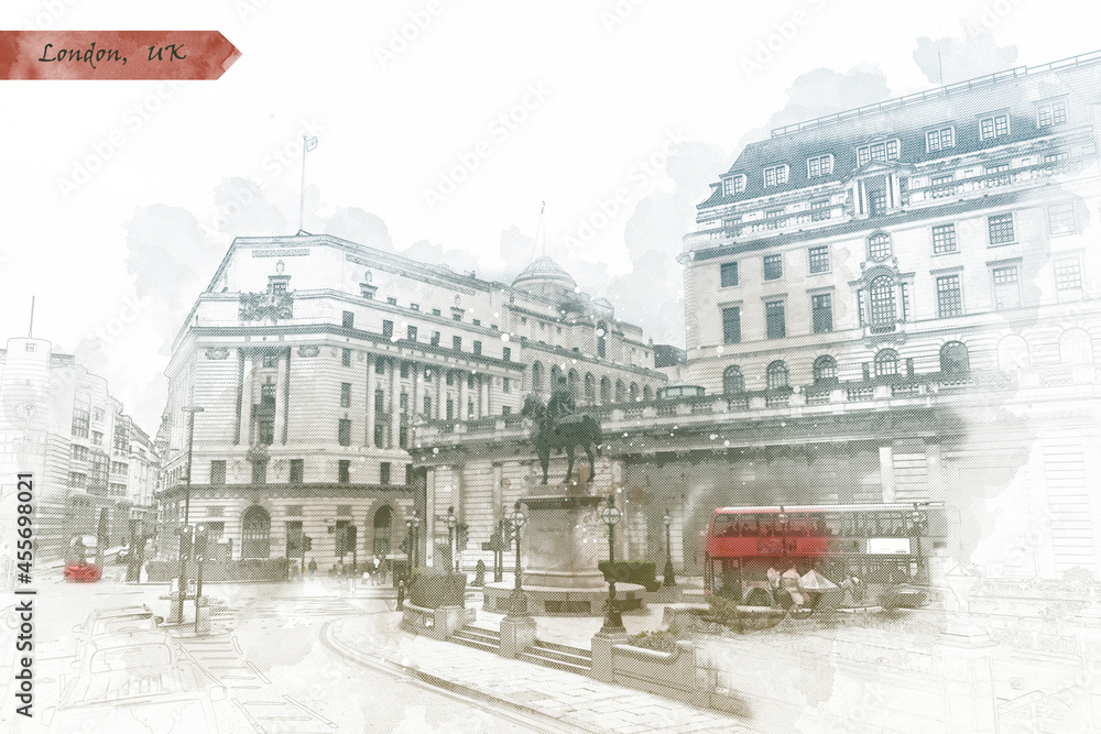 city life of London in marker sketch style
