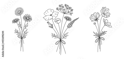 Wildflower line art bouquets set. Hand drawn chamomile, cosmea, poppy, other wild plants. Meadow flowers, herbs for design projects. Vector illustration.