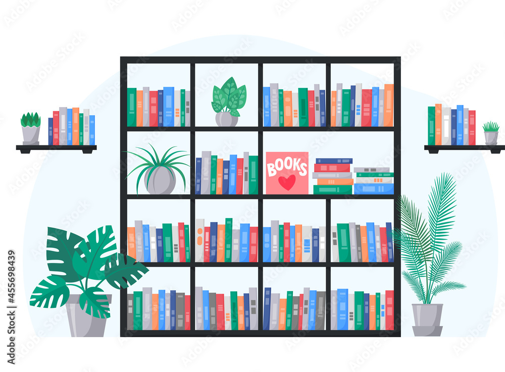 Bookcase and book shelves with collection of colorful books. Interior with home plants. Vector