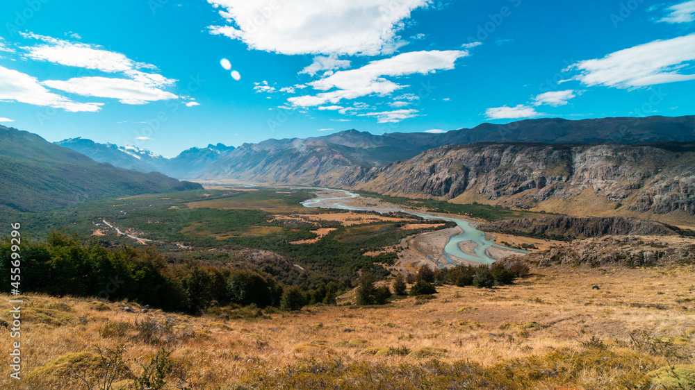 Fototapeta premium the turns river with a spectacular view of the valley landscape with the glacial river as a highlight. El Chalten, Santa Cruz, Argentina.