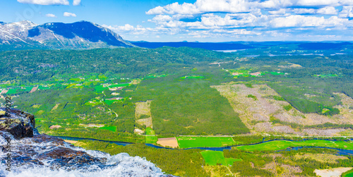 Hydalen panorama view from top of Hydnefossen waterfall Norway Hemsedal. photo