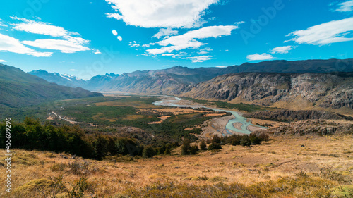 the turns river with a spectacular view of the valley landscape with the glacial river as a highlight. El Chalten, Santa Cruz, Argentina.