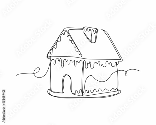 Continuous one line drawing of christmas gingerbread house icon in silhouette on a white background. Linear stylized.