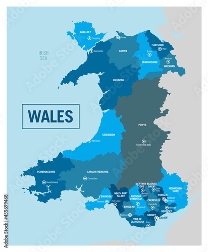 Wales, United Kingdom country region political map. High detailed vector illustration with isolated provinces, departments, regions, counties, cities and states easy to ungroup.