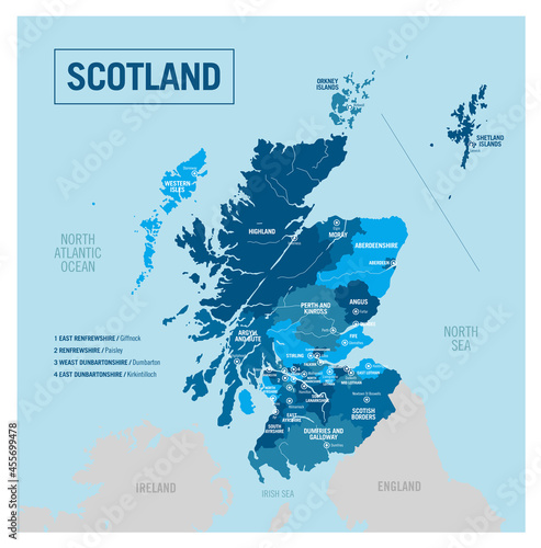 Scotland, United Kingdom, country region political map. High detailed vector illustration with isolated provinces, departments, regions, counties, cities and states easy to ungroup.